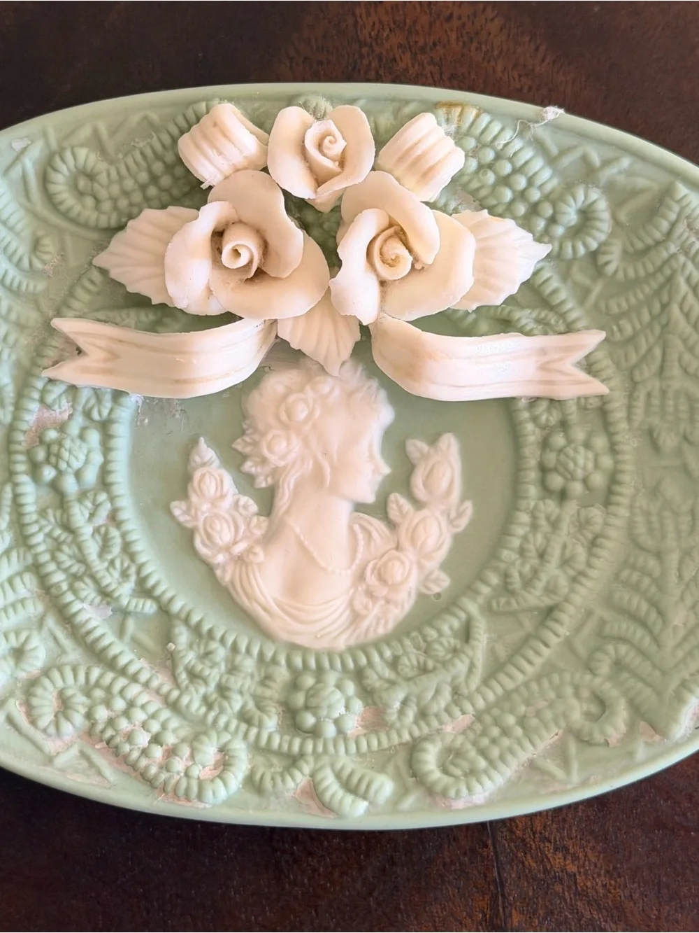 Vintage Mint Green Cameo Trinket Soap Dish with Roses Vanity Decor